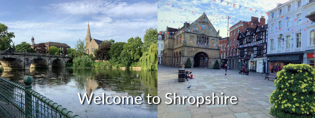 A montage of two images of Shropshire, the left half showing the River Servern and the right half Shrewsbury's Market Square.
